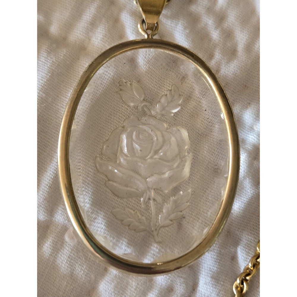 Vintage Lucite Flower Etched Necklace Gold Tone Aubrey Creations Double Chain